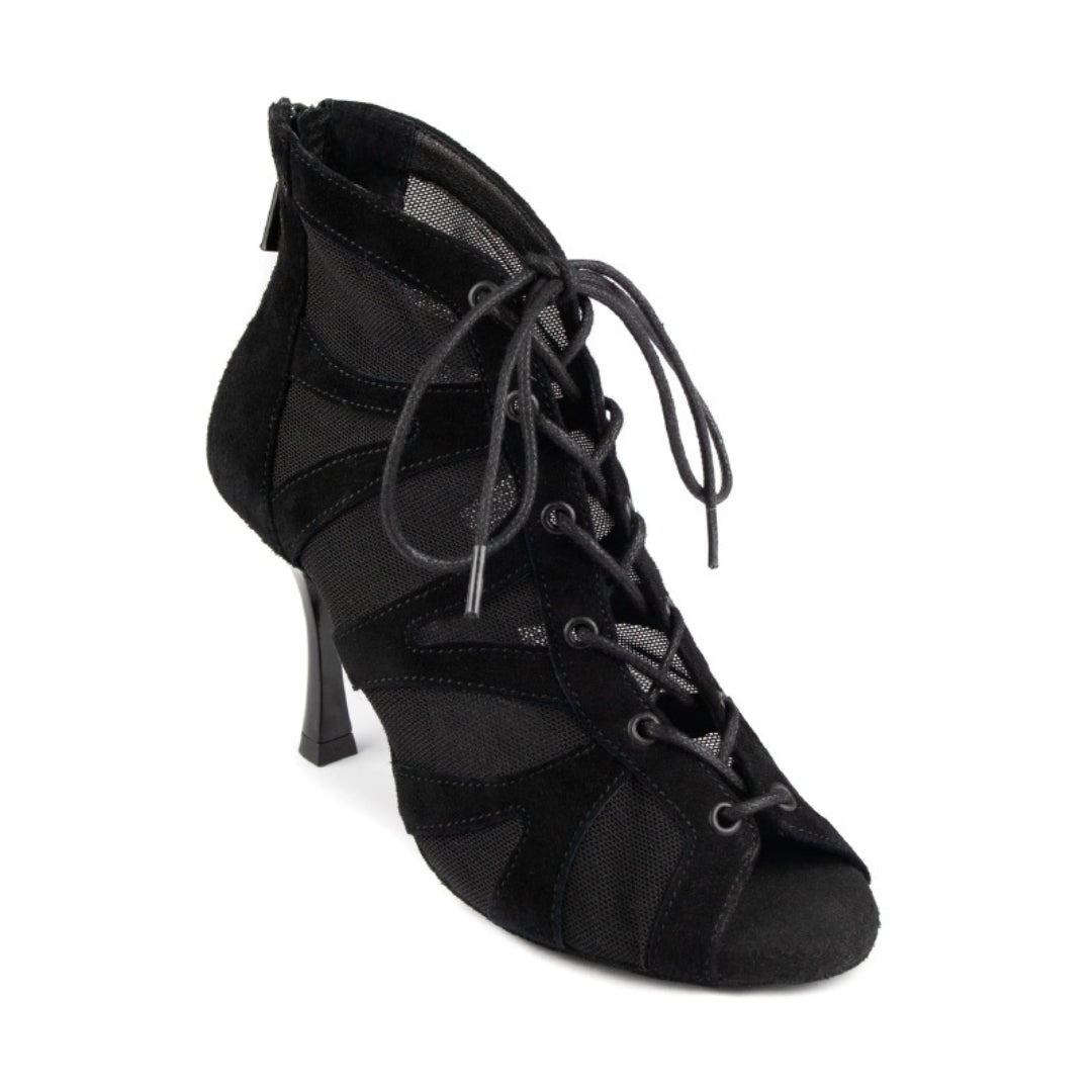 Portdance PD819 in schwarzem Nubukleder: Tanzschuh mit Schnürung und hohem Absatz, atmungsaktivem Mesh und Peep-Toe-Design.